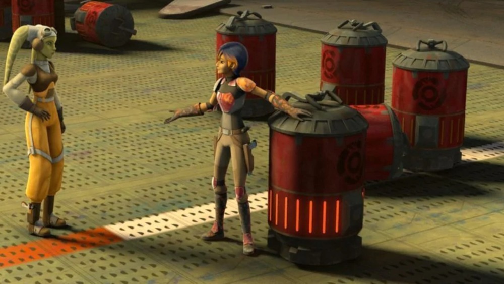 Sabine Wren and Hera Syndulla with canisters of rhydonium in Star Wars Rebels